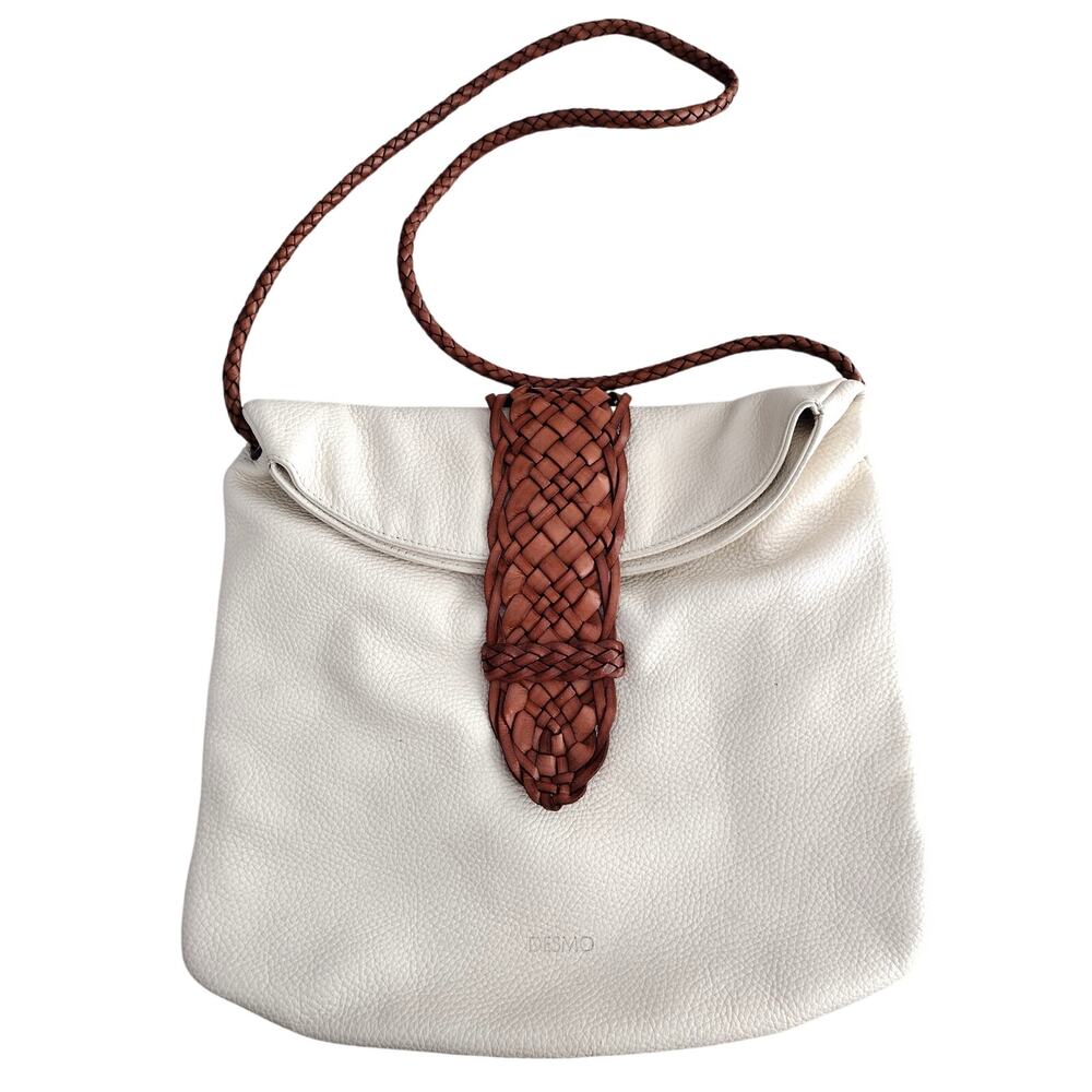 Desmo Italy Creamy White Pebble Leather Brown Braided Leather Shoulder Bag Boho